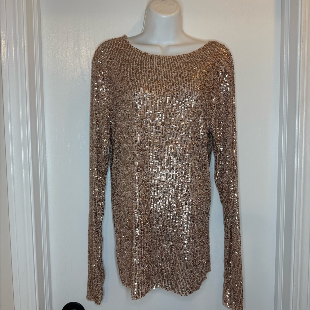 Free People Shimmering Sequin Long Sleeve Top - Gold
